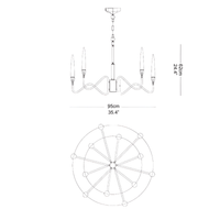 Side elevation drawing of the Hestia chandelier detailing drop height, arm curvature, and structural design for installation.