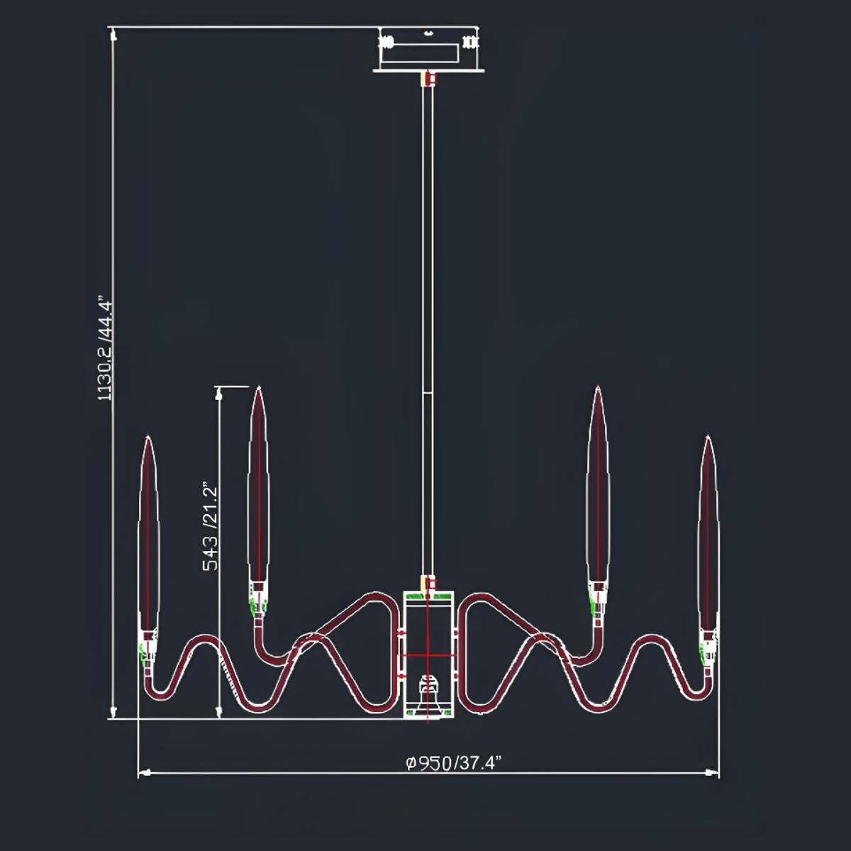 Technical diagram of Luce di Roma Hestia chandelier showing diameter, height, and structural layout with crystal arm.