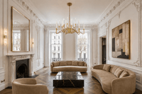 Luce di Roma Theia luxury gold crystal chandelier installed in a Victorian living room in South Kensington London