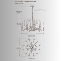 CAD technical drawing of Luce di Roma Theia luxury gold crystal chandelier, 115 cm round, front and top elevation