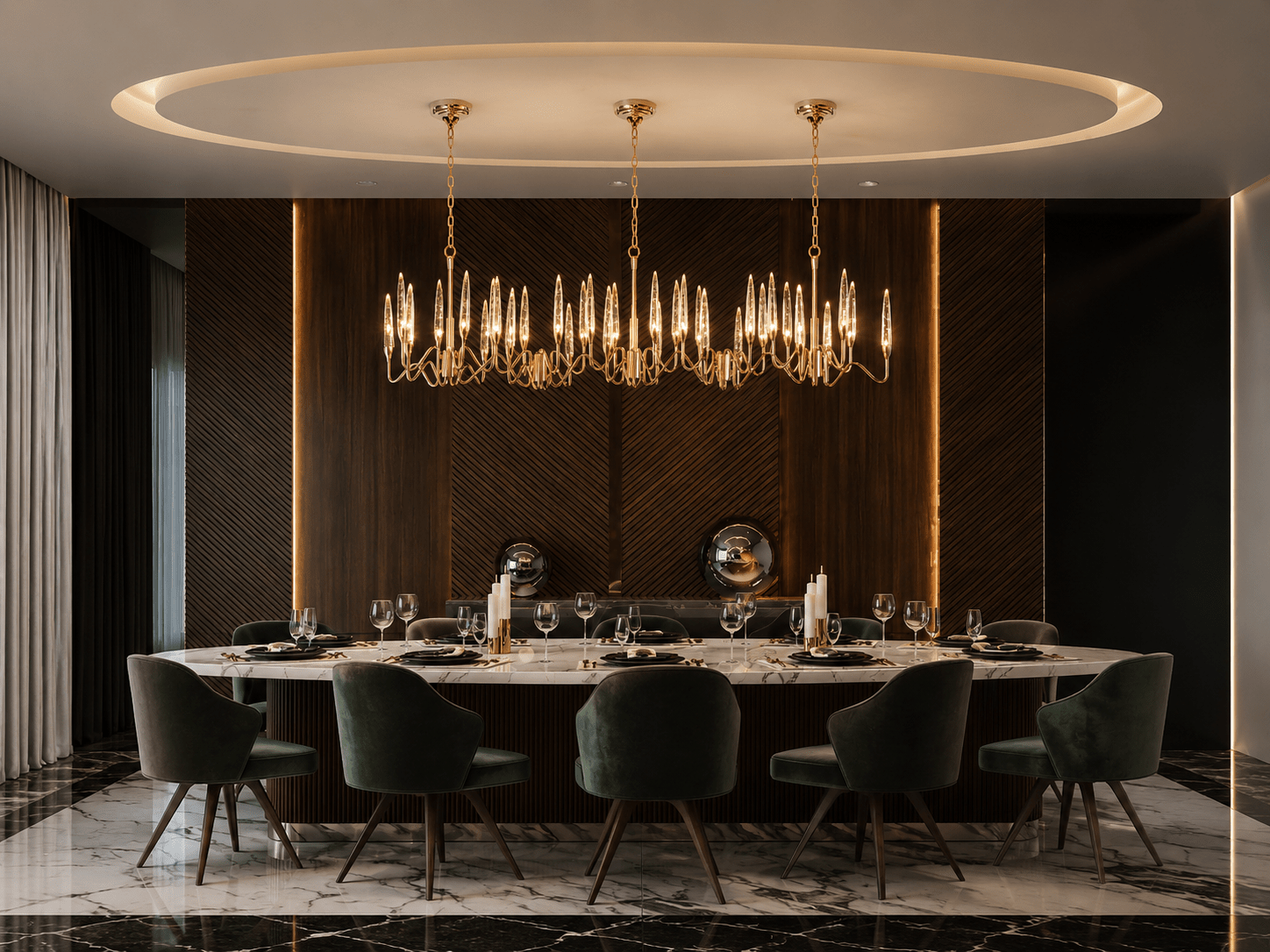 Luce di Roma Vesta luxury linear chandelier above marble dining table in a modern architectural interior