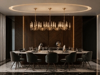 Luce di Roma Vesta luxury linear chandelier above marble dining table in a modern architectural interior