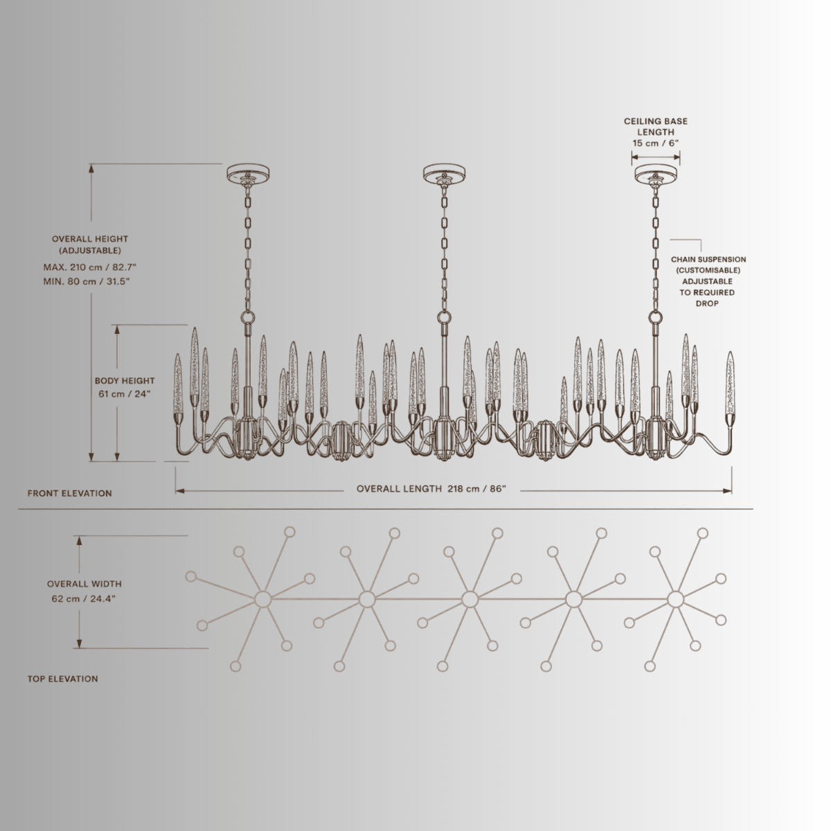 CAD technical drawing of Luce di Roma Vesta luxury linear chandelier with dimensions and front and top elevations