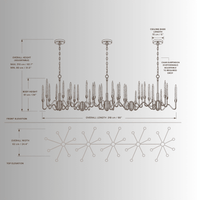 CAD technical drawing of Luce di Roma Vesta luxury linear chandelier with dimensions and front and top elevations