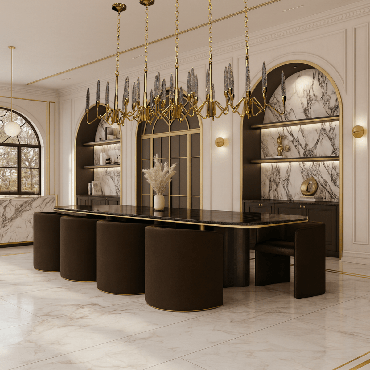 Luce di Roma Vesta chandelier installed above a dark glass dining table, 18K gold frame and champagne crystal spires.