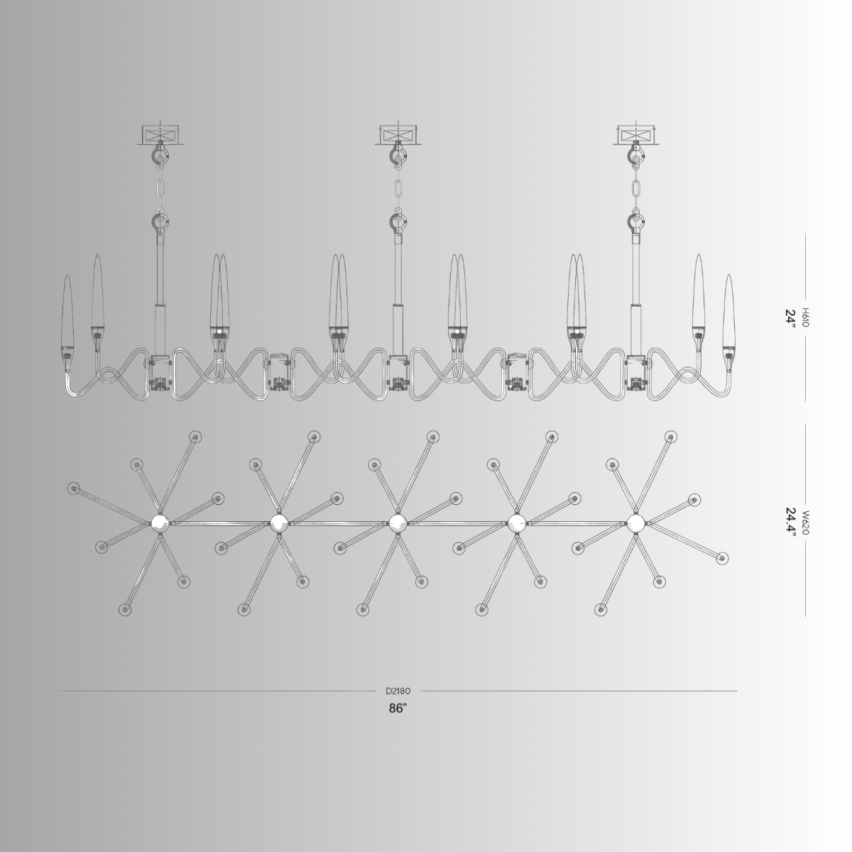 Technical line drawing of the Luce di Roma Vesta chandelier showing full dimensions, mounting details, and lighting layout.
