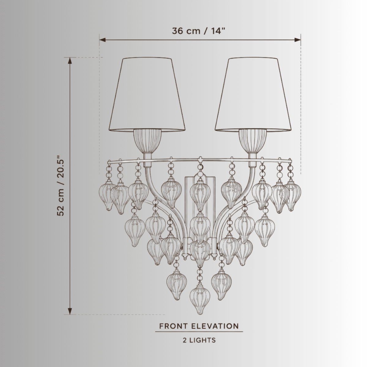 CAD drawing of Luce Regale Avorio Applique two-light wall lamp, 36 cm wide and 52 cm high.