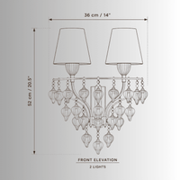 CAD drawing of Luce Regale Avorio Applique two-light wall lamp, 36 cm wide and 52 cm high.