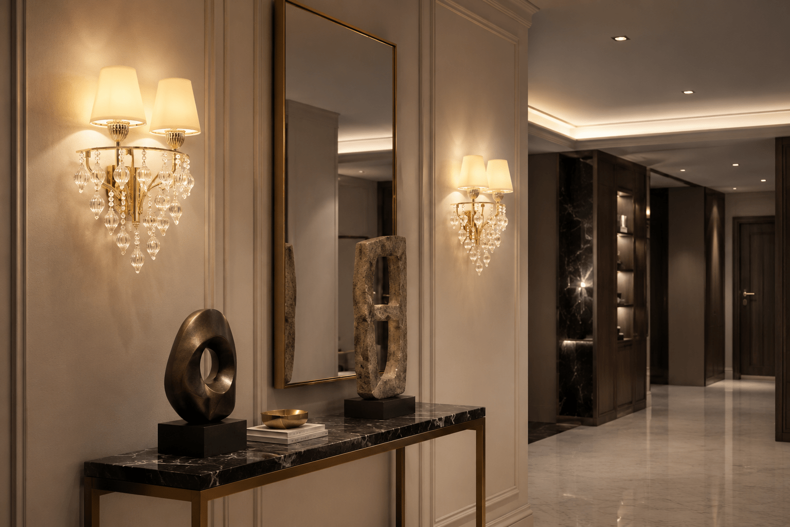 Pair of Luce Regale Avorio Applique wall lamps illuminating a luxury Manhattan hallway.