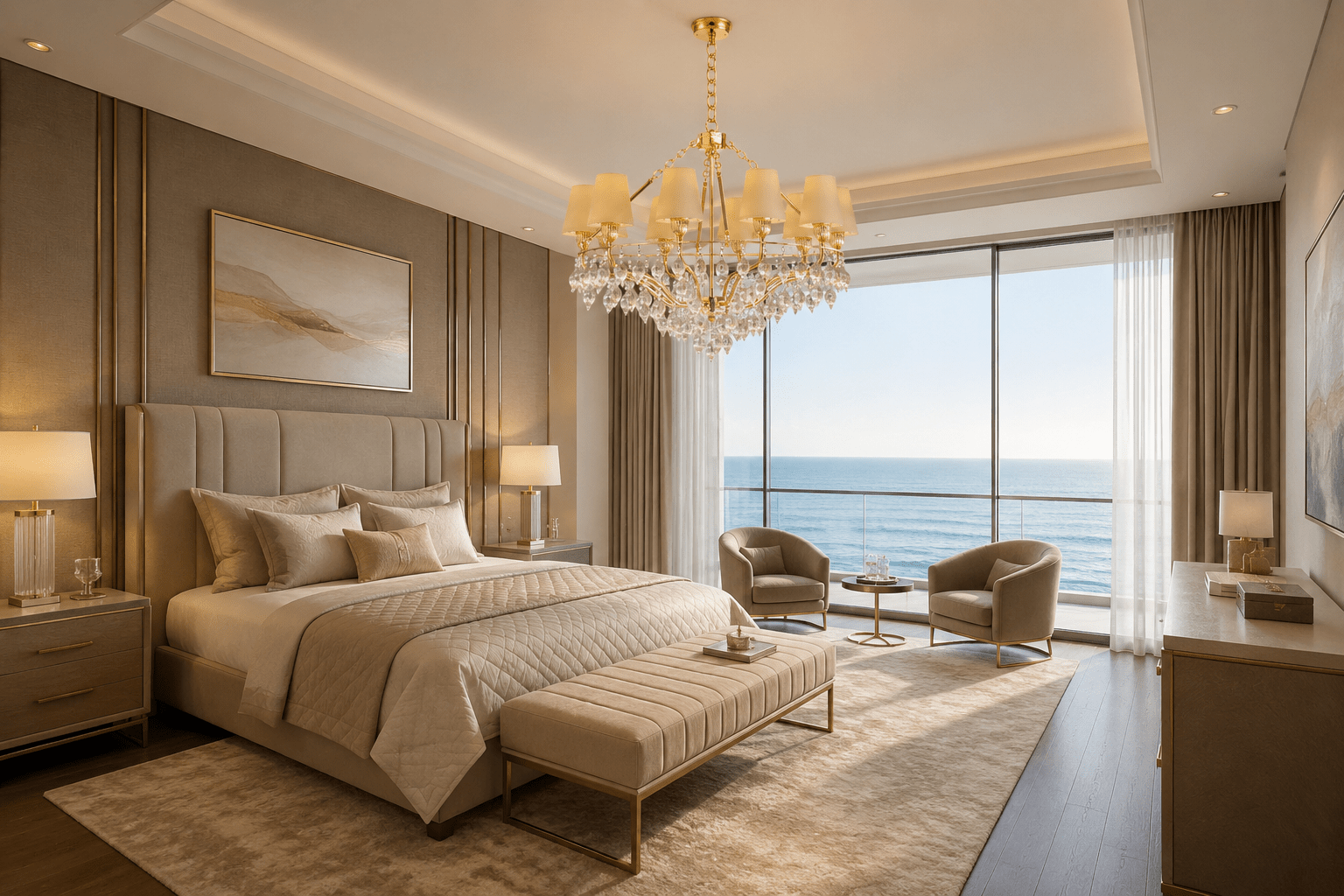 Luce Regale Avorio Classica 10-light chandelier in a luxury ocean-view Florida bedroom
