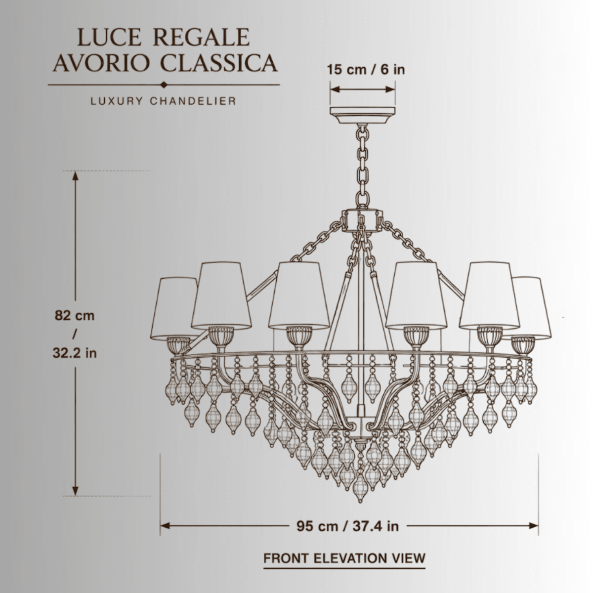 CAD drawing of Luce Regale Avorio Classica 10-light gold and glass chandelier with dimensions