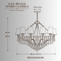 CAD drawing of Luce Regale Avorio Classica 10-light gold and glass chandelier with dimensions