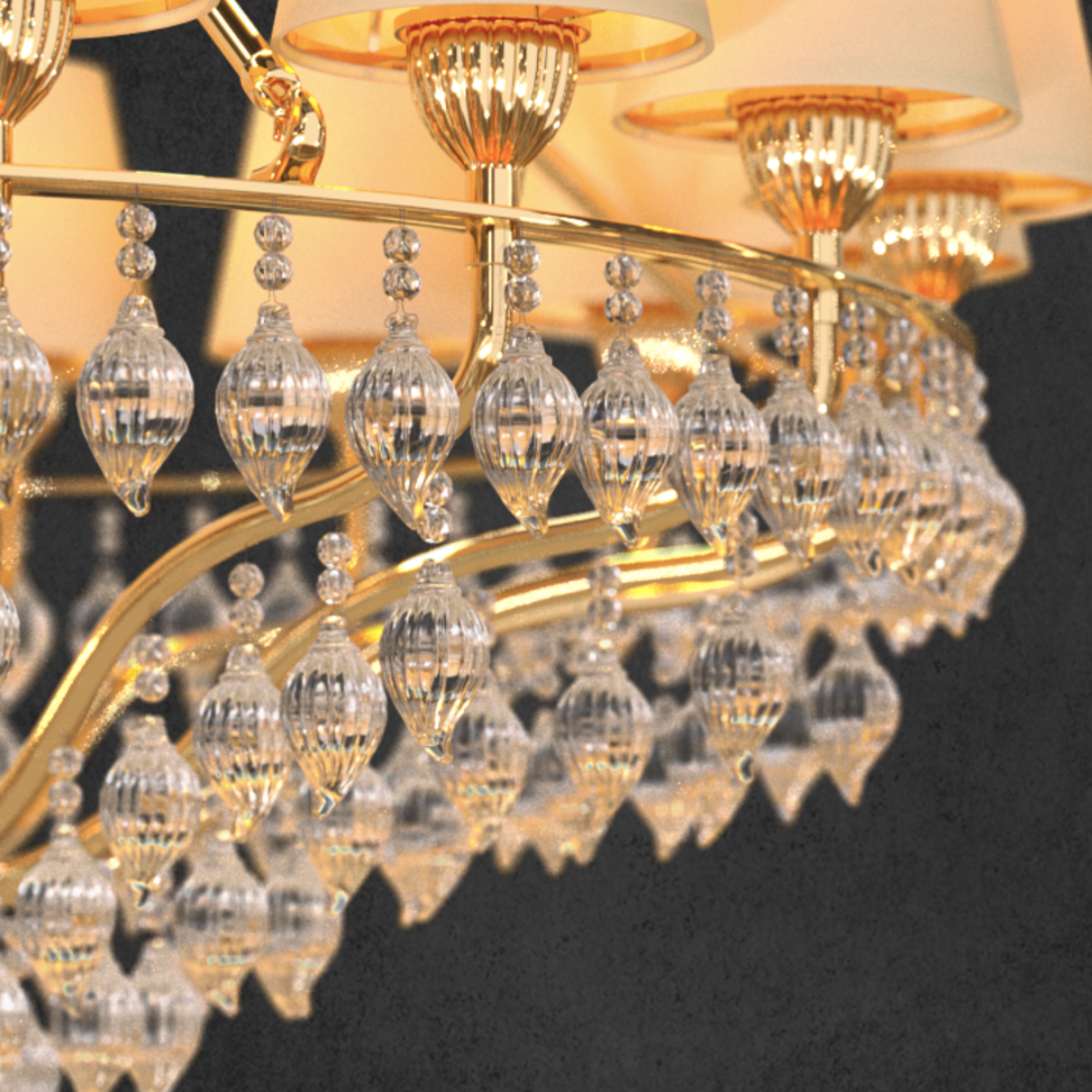 Close-up view of the Luce Regale Avorio chandelier by HDLS Lighting Ltd, showcasing gold-plated copper frame, Murano-style glass drops, and ivory fabric shades — a symbol of timeless Italian luxury craftsmanship.