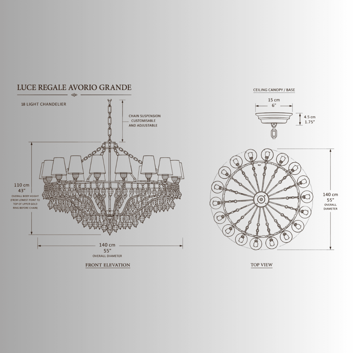 CAD drawing technical drawing of Luce Regale Avorio Grande chandelier, 140 cm wide with 18 lights and adjustable chain