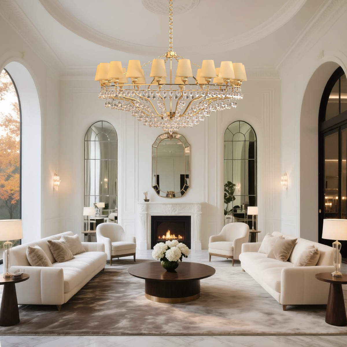 Luce Regale Avorio Grande chandelier by HDLS Lighting illuminating a classical living room with ivory tones, gold accents, and crystal detailing inspired by Italian elegance.