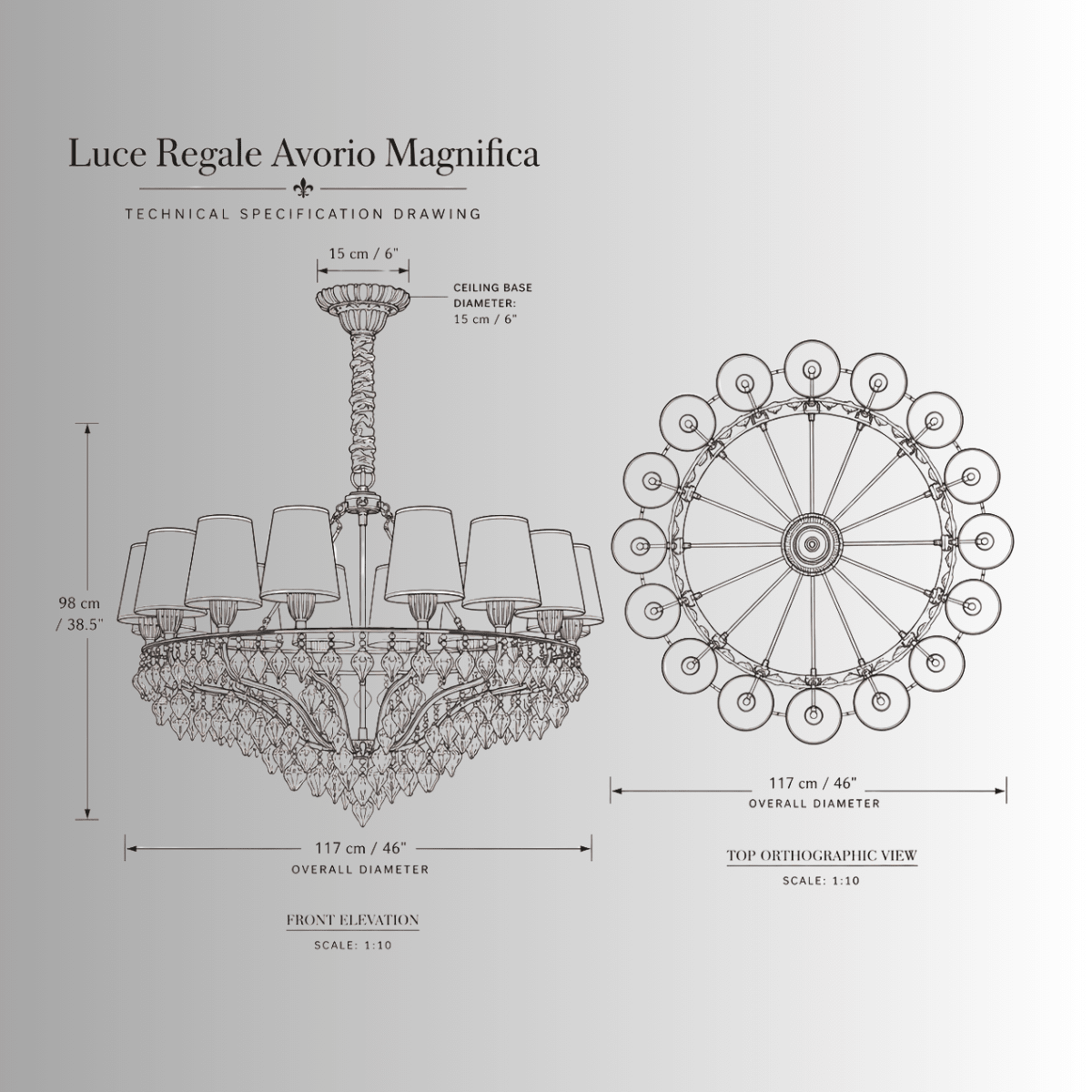 Technical drawing of Luce Regale Avorio Magnifica chandelier with 117 cm diameter and 98 cm height