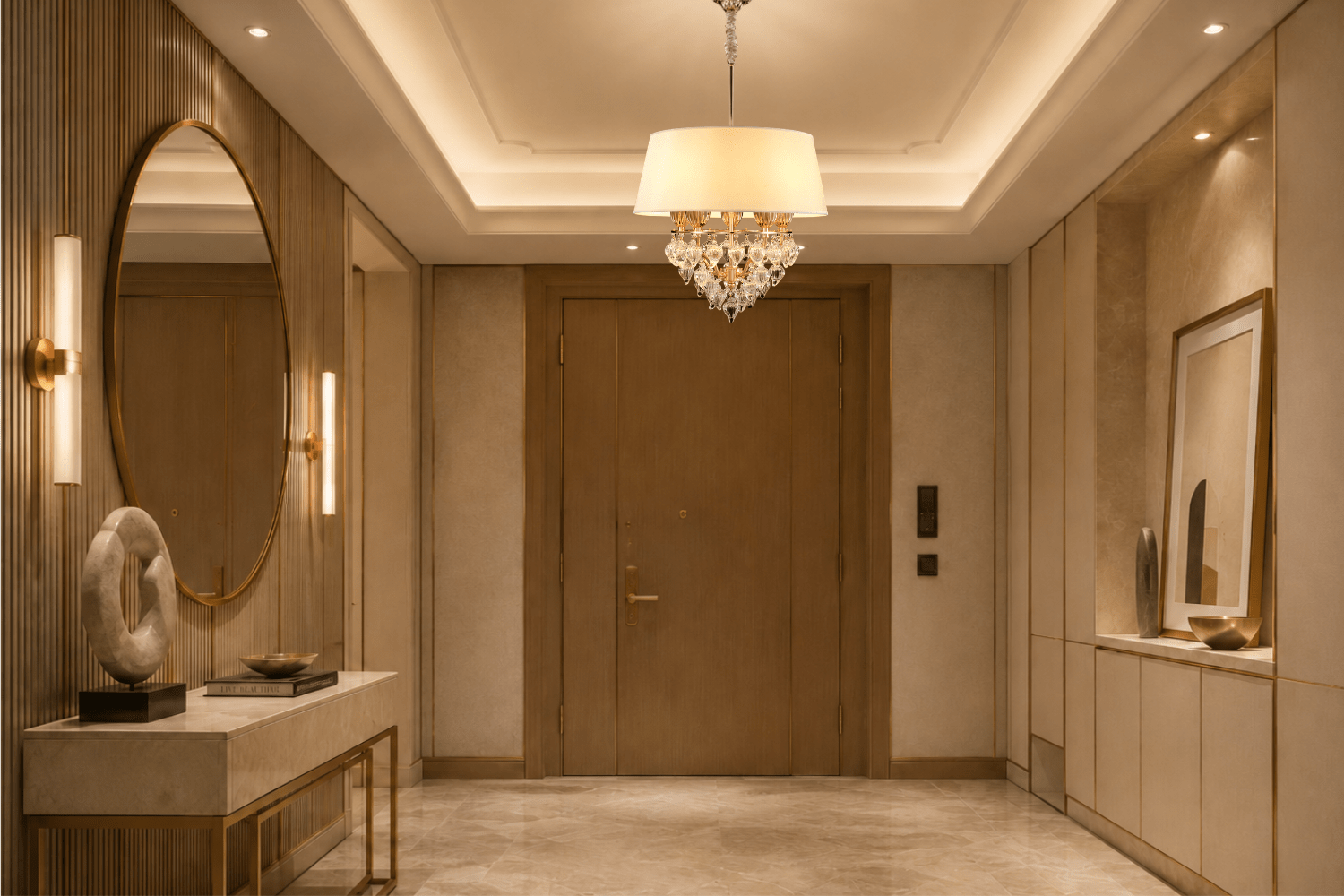 Luce Regale Avorio pendant installed in a luxury Chelsea, London apartment entrance.