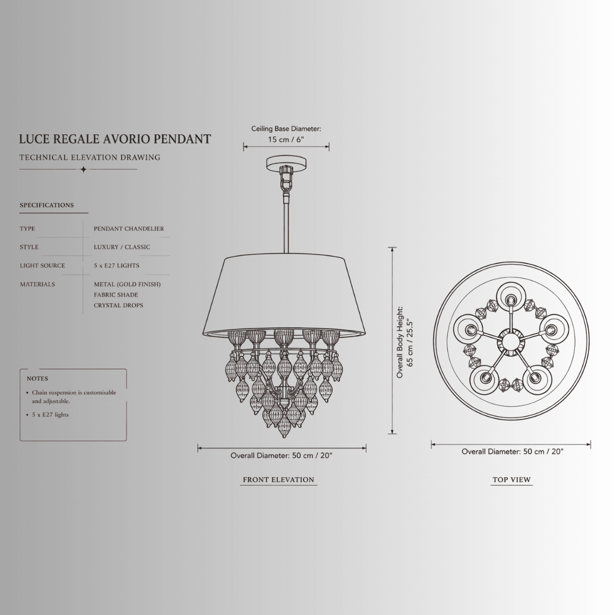 CAD drawing of Luce Regale Avorio pendant showing front and top views with dimensions.