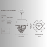 CAD drawing of Luce Regale Avorio pendant showing front and top views with dimensions.