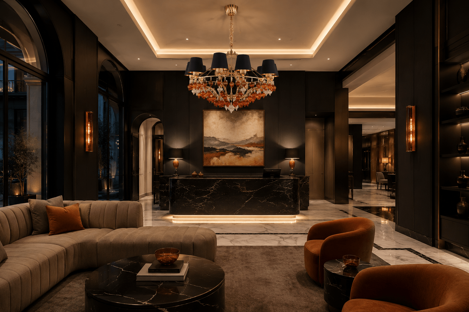 Luce Regale Donatello Eleganza luxury chandelier illuminating a boutique hotel reception with amber glass accents