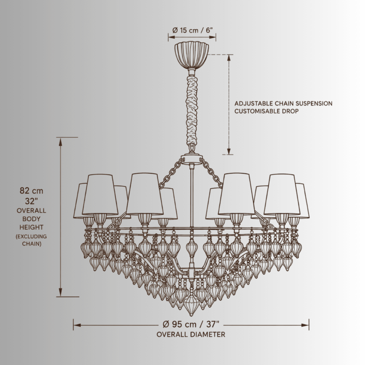 CAD technical drawing of Luce Regale Donatello Eleganza chandelier with dimensions and 10-light specification