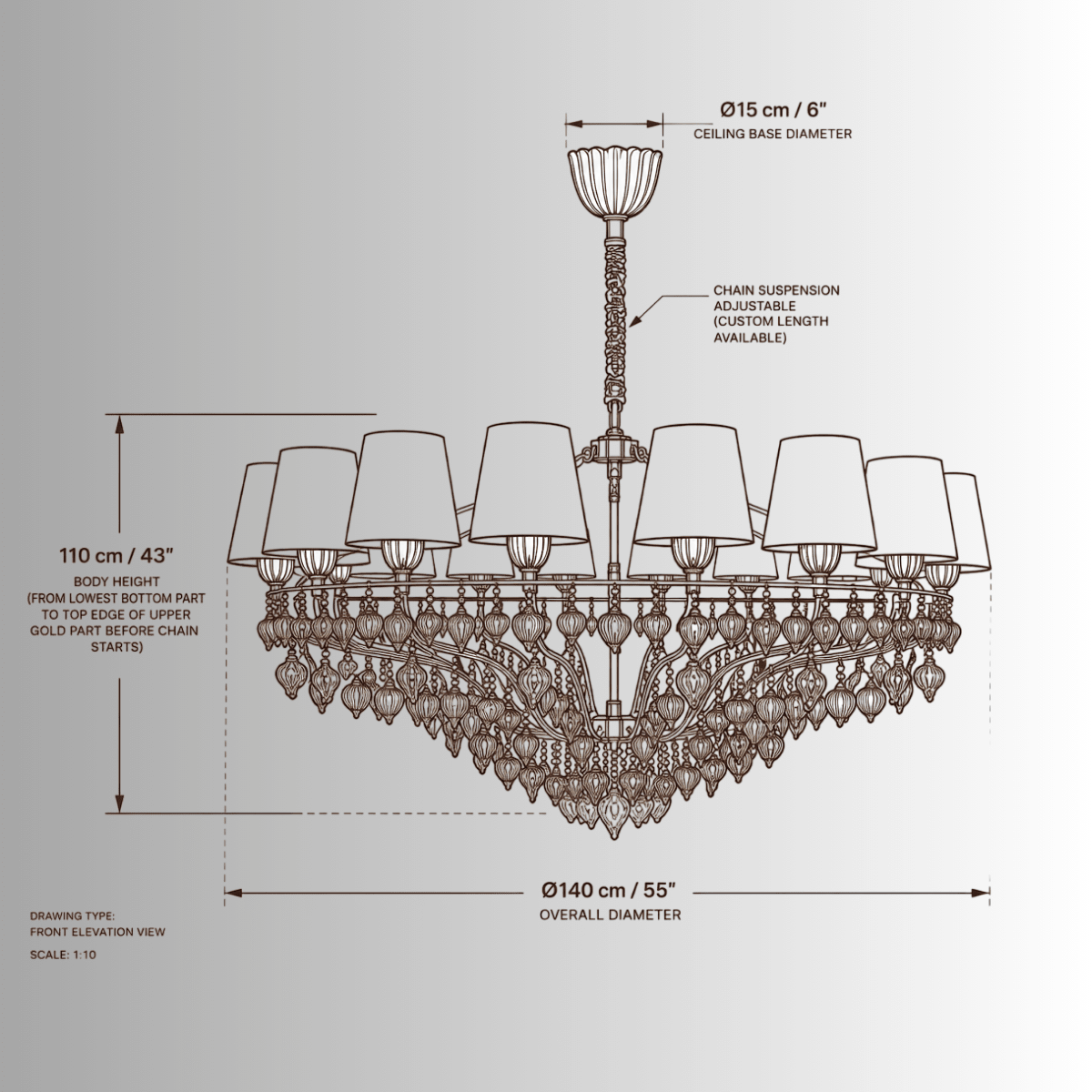 CAD technical drawing of Luce Regale Donatello Imperiale luxury chandelier with dimensions and front elevation
