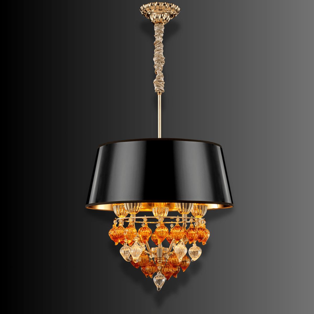 Luce Regale Donatello Piccolo Murano-style pendant light with amber hand-blown glass and black shade