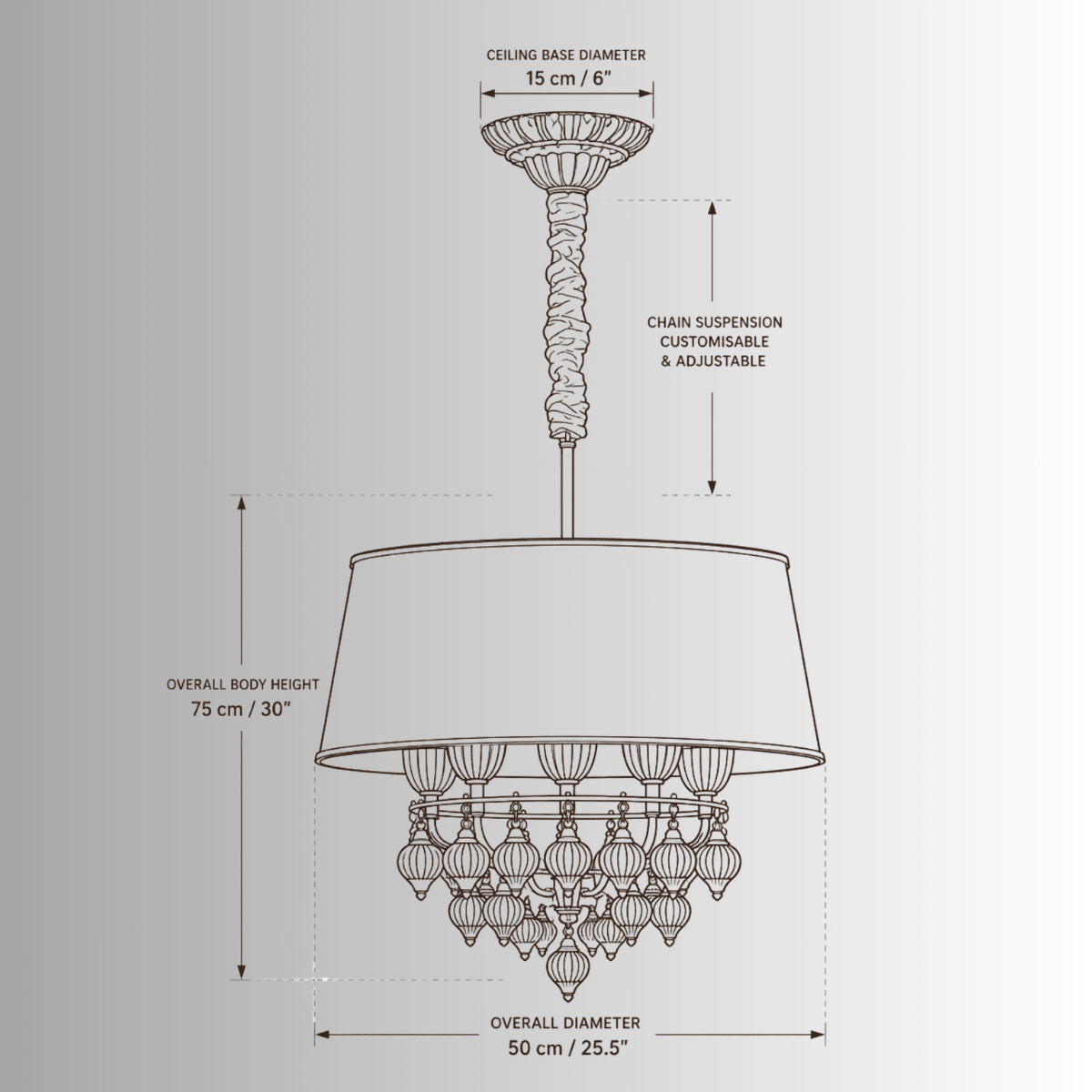 CAD technical drawing of Luce Regale Donatello Piccolo pendant light with dimensions and specifications