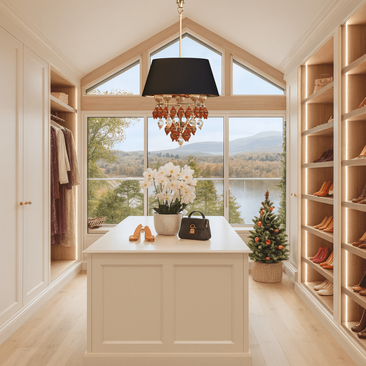 Donatello Piccolo gold pendant light displayed in a modern dressing room, featuring black shade and Murano-style amber glass.