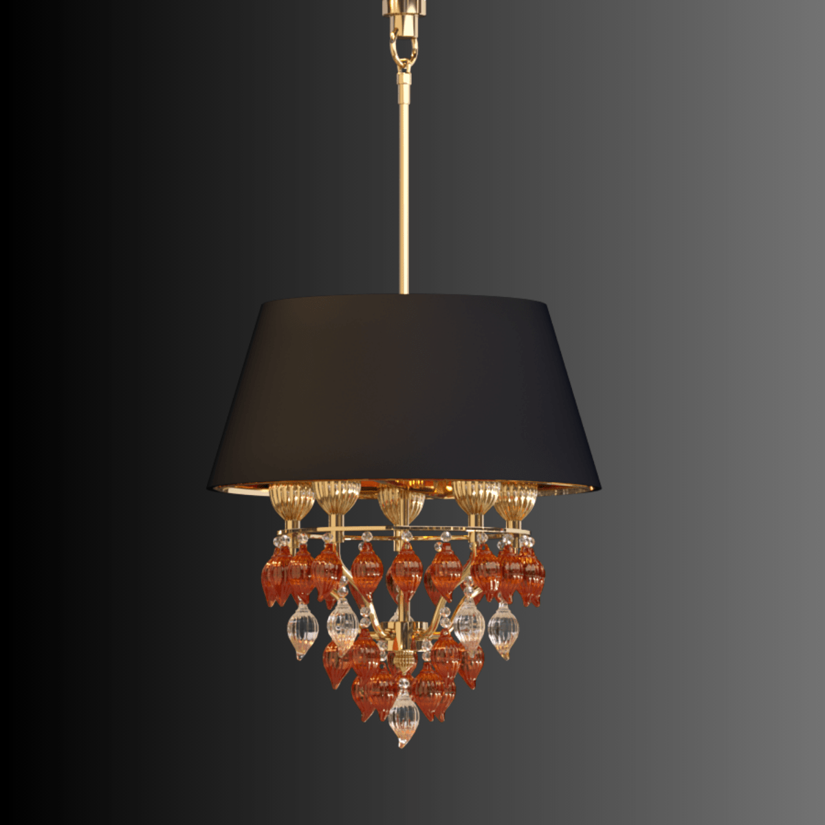 Side view of Donatello Piccolo gold pendant light featuring black shade and Murano-style amber glass drops.