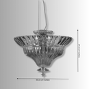 Crystal pendant light dimensions showing 54cm diameter and 37cm height, fluted glass design in antique brass