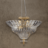 Luxury fluted crystal pendant light in antique brass with clear glass bowl design, suspended ceiling fixture