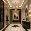 Luxury crystal pendant light installed in elegant vestibule with marble flooring and refined architectural lighting