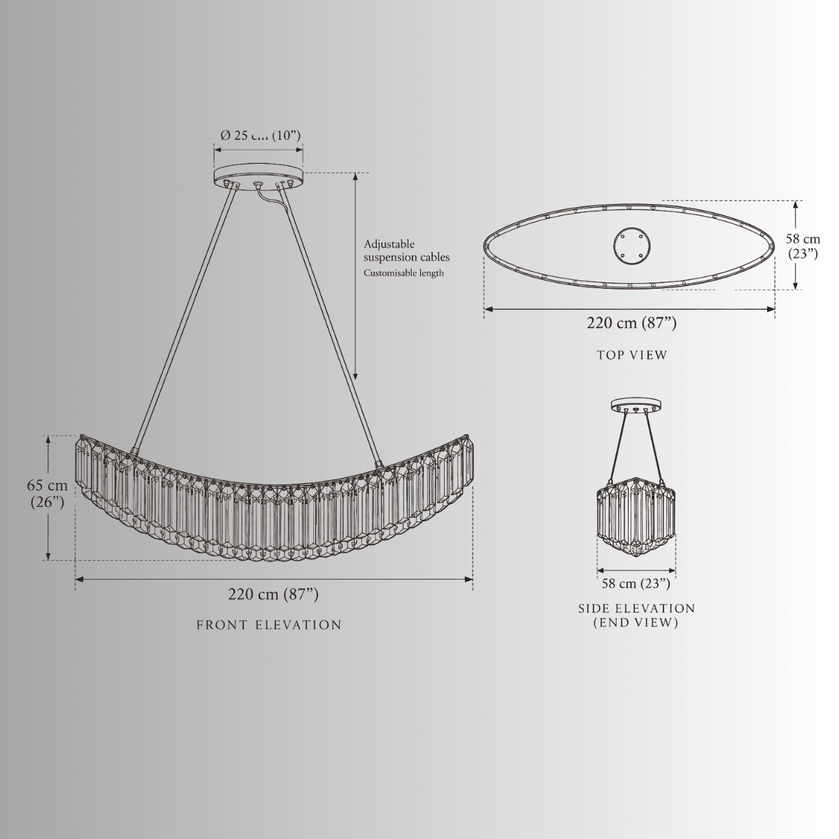 Technical drawing of Lucerne Arc crystal chandelier showing 220 cm length, 58 cm width and 65 cm crystal body height.