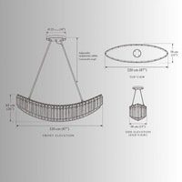 Technical drawing of Lucerne Arc crystal chandelier showing 220 cm length, 58 cm width and 65 cm crystal body height.