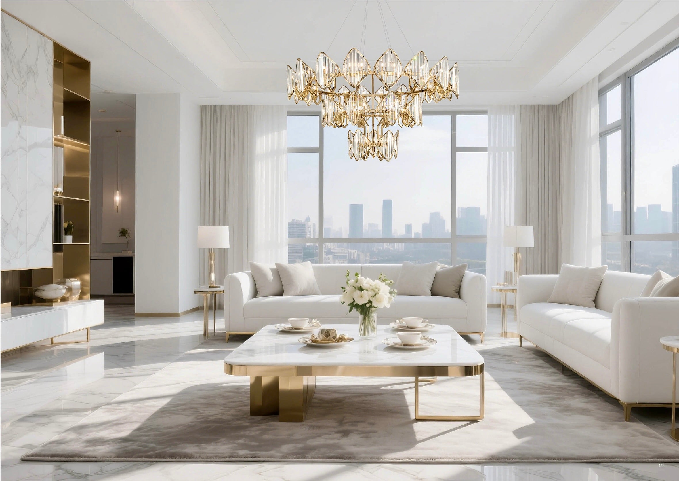 Luxury gold chandelier illuminating a modern Middle Eastern living room with marble finishes and refined architectural design.