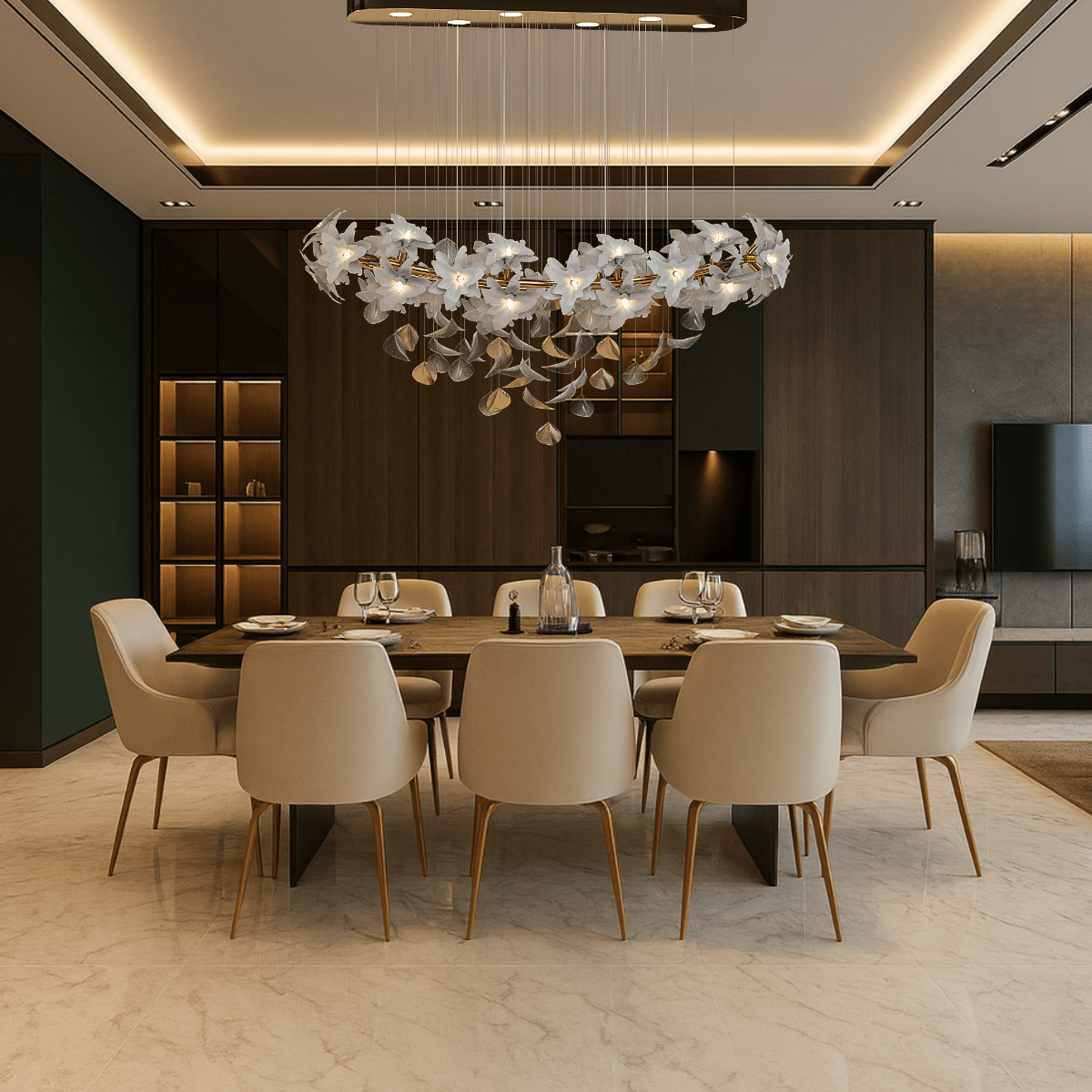 Magnolia Grazia floral chandelier lighting a modern dining room, highlighting gold accents and Murano-style magnolia flowers.