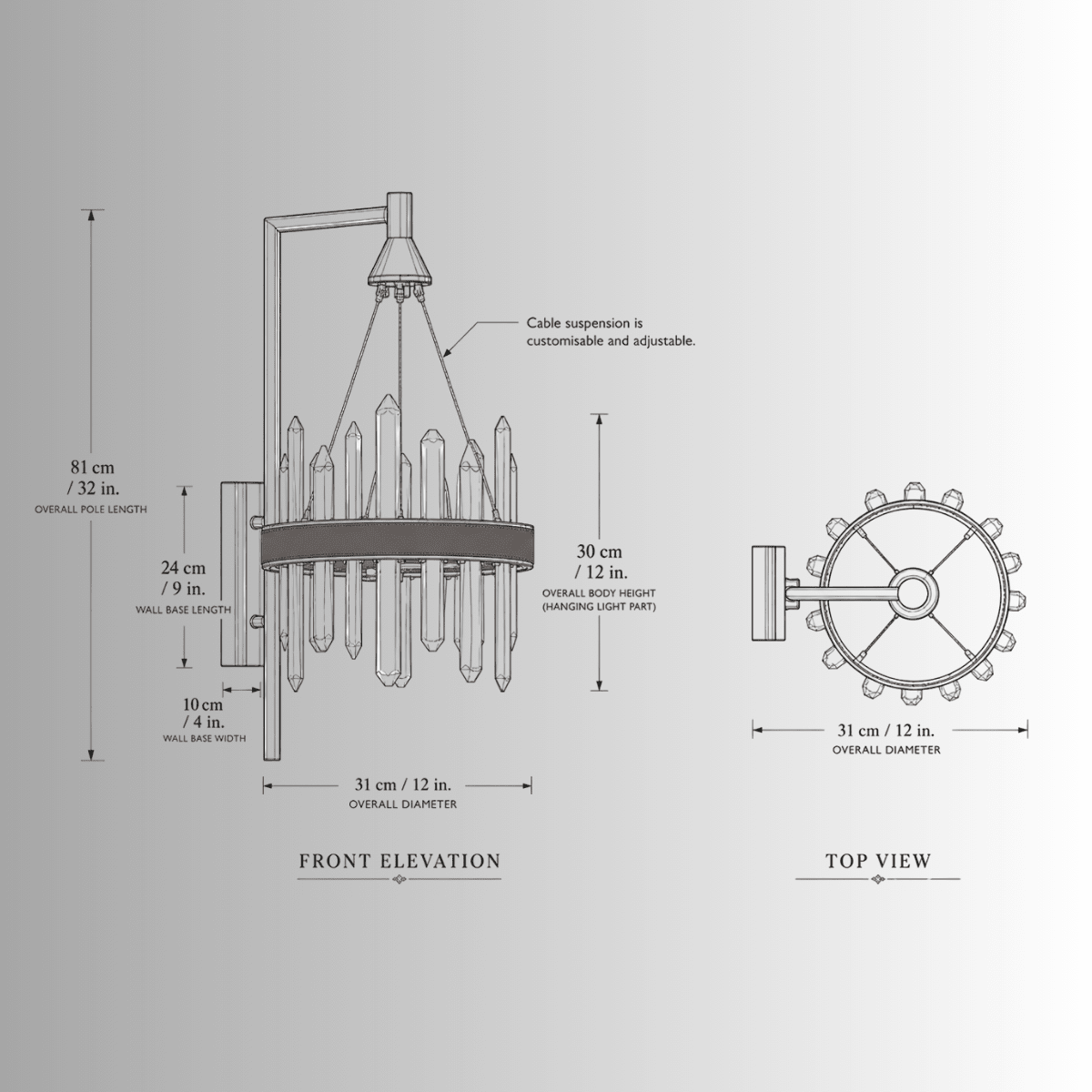 CAD drawing of the Manhattan Axis crystal wall sconce with front and top views, dimensions and adjustable suspension.