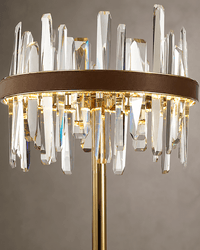 Close-up of the Manhattan Column crystal floor lamp with faceted crystals, leather trim and warm gold light.