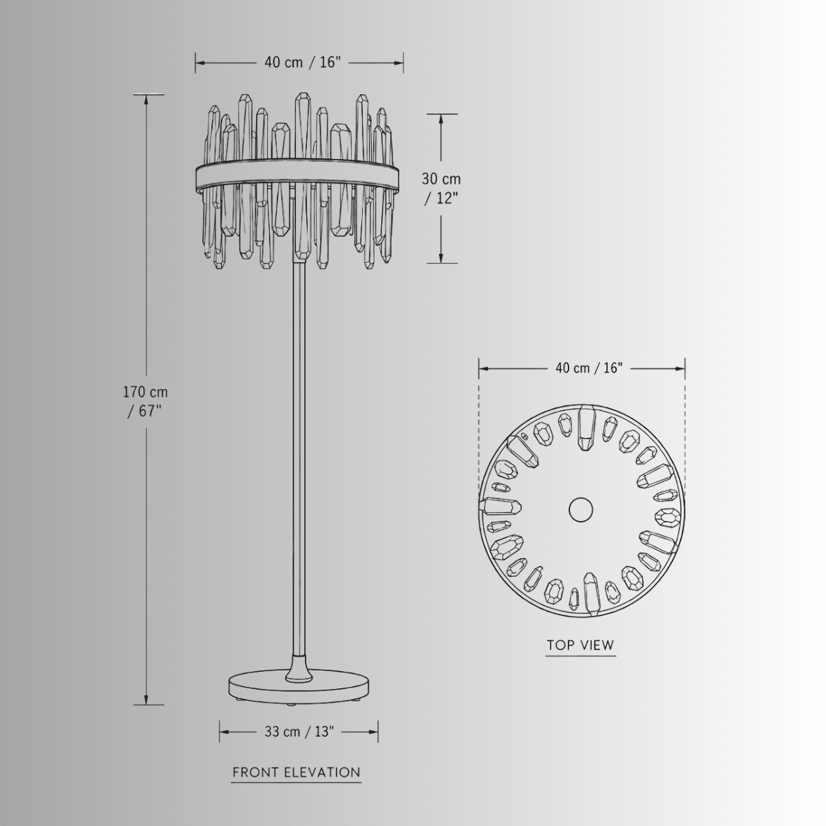CAD drawing of the Manhattan Column crystal floor lamp with front and top views and dimensions.