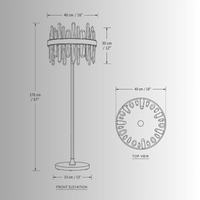 CAD drawing of the Manhattan Column crystal floor lamp with front and top views and dimensions.