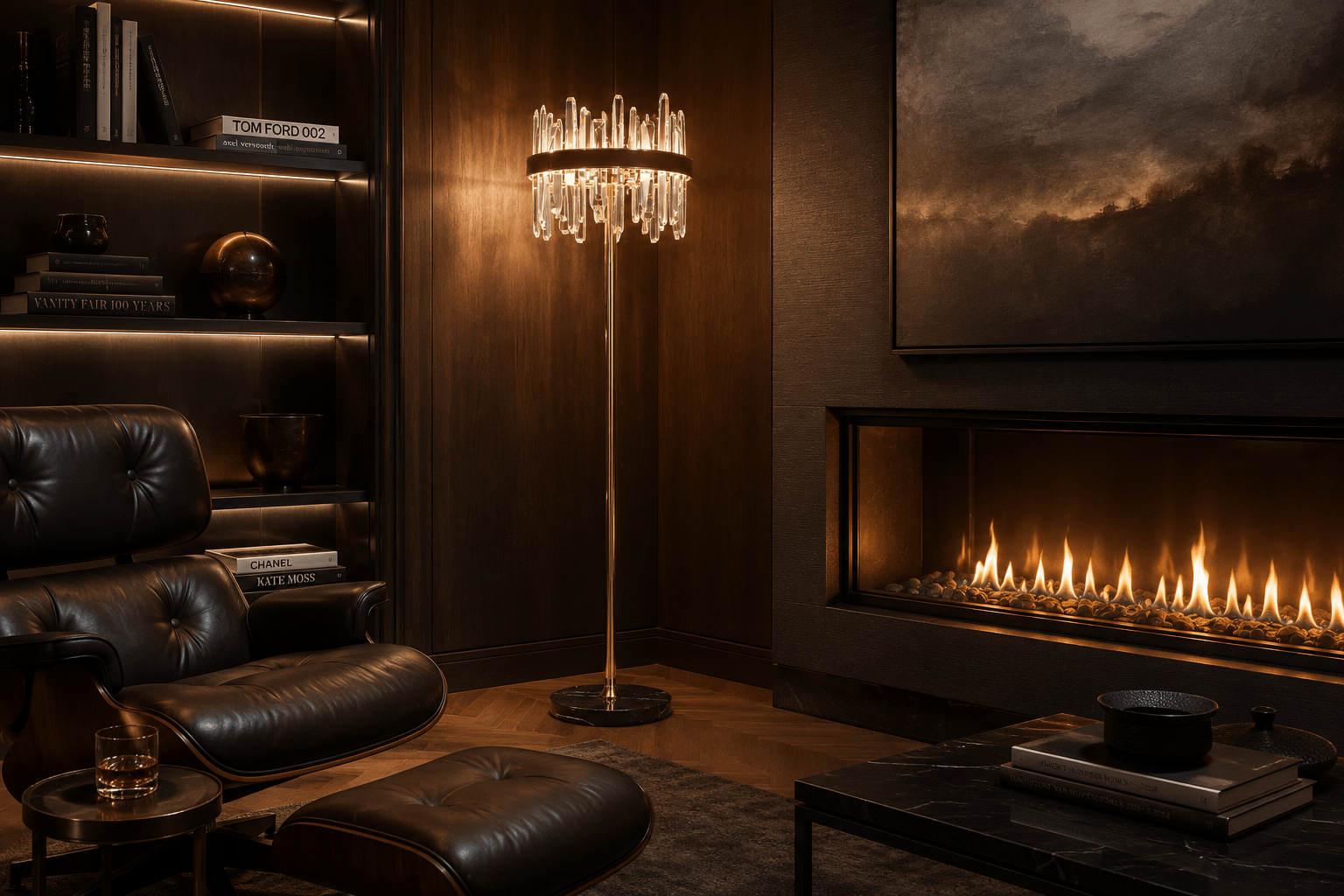 Manhattan Column crystal floor lamp in a dark luxury study beside a leather chair and modern fireplace.