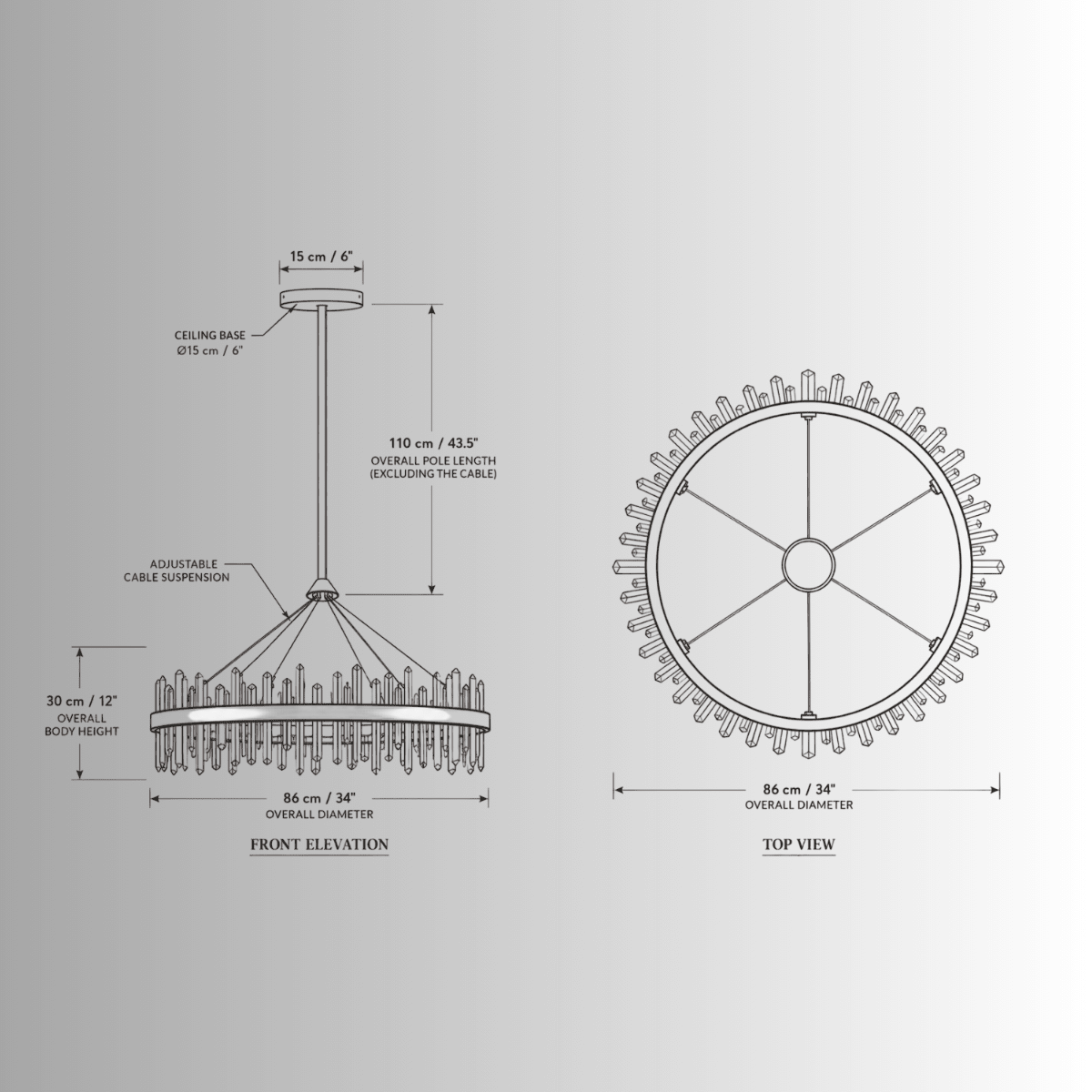 Technical CAD drawing of Manhattan Halo Crystal Chandelier with front and top views and dimensions.