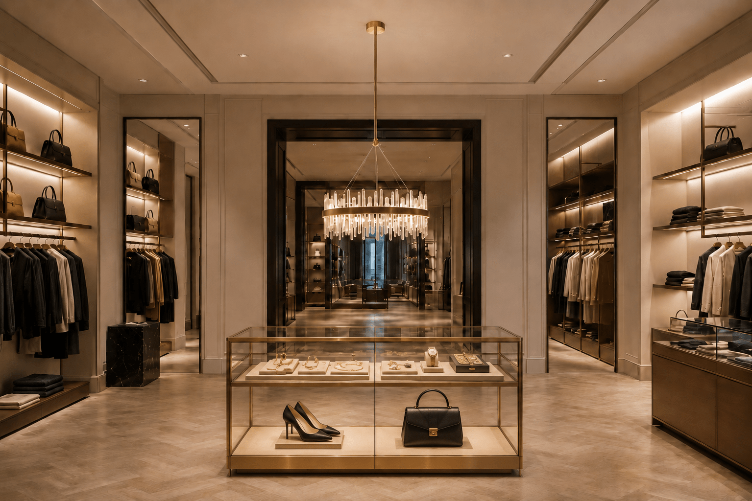 Manhattan Halo Crystal Chandelier above a glass display case in a luxury New York fashion boutique.