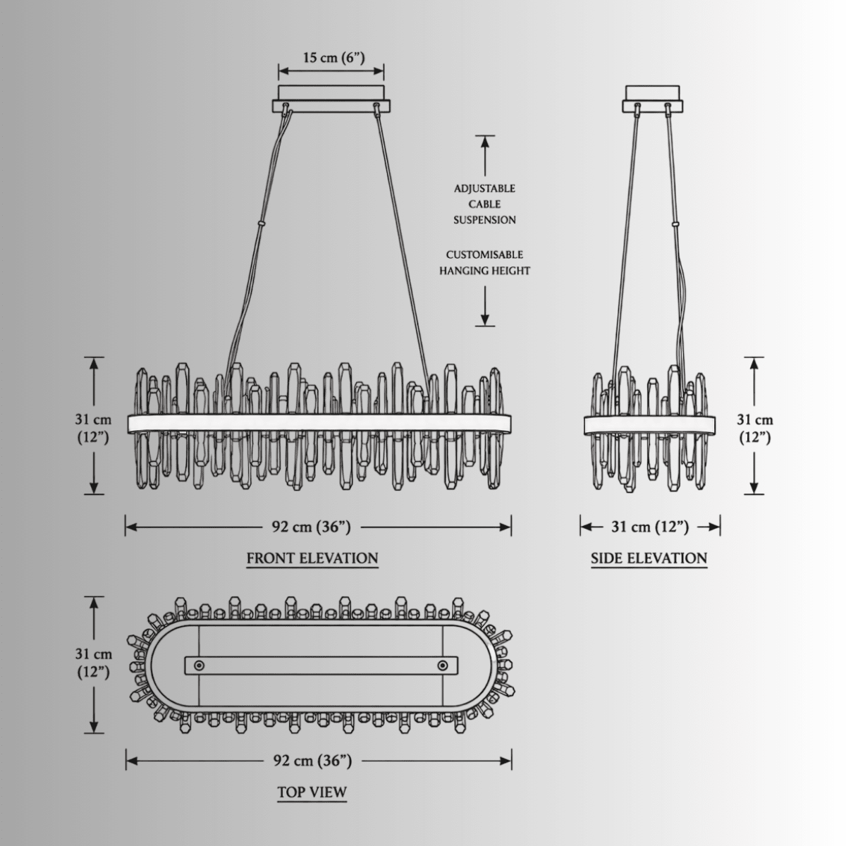 CAD drawing of Manhattan Linear Crystal Chandelier with front, side and top dimensions.