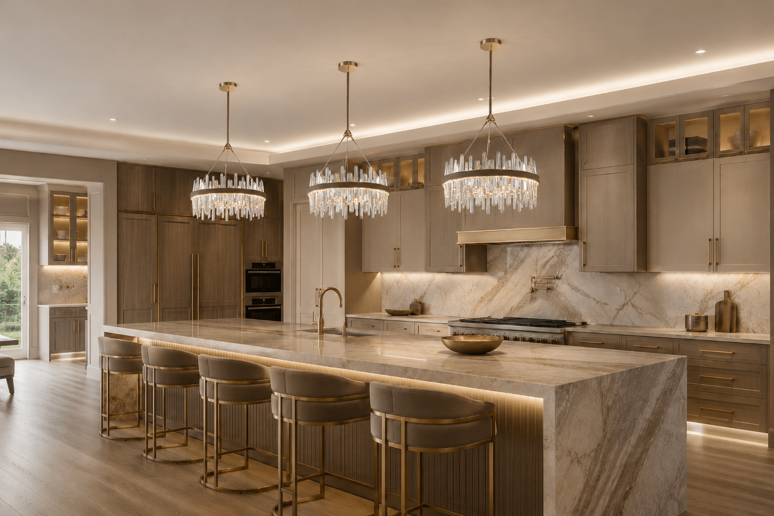 Three Manhattan Orbit Crystal Chandeliers above a marble kitchen island in a luxury Texas residence.