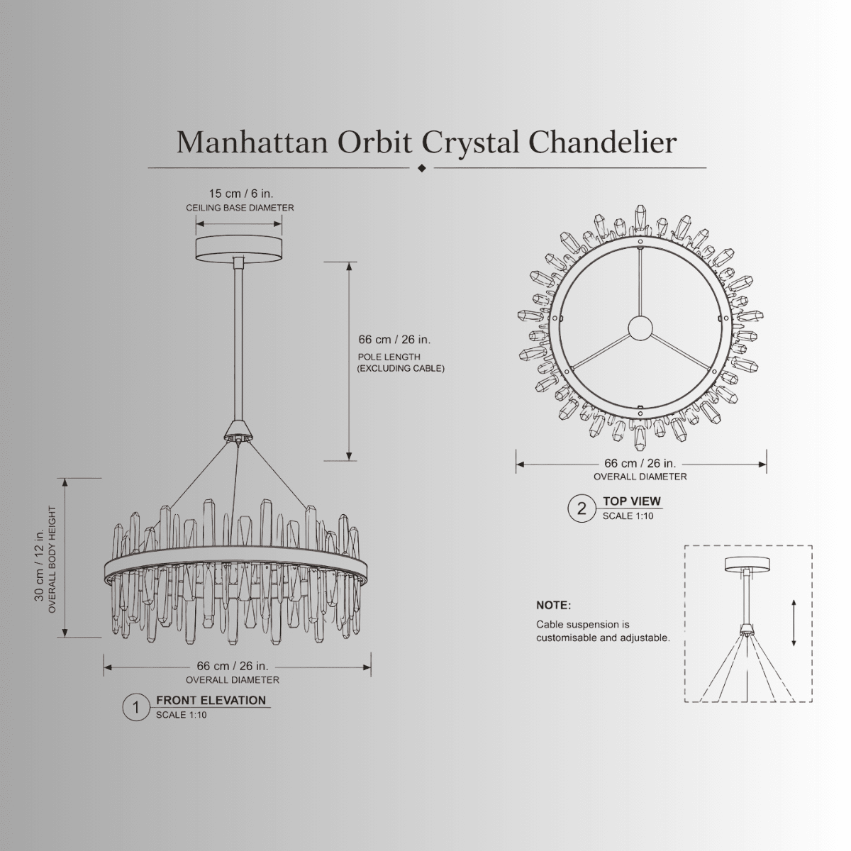 Manhattan Orbit Crystal Chandelier CAD drawing with front and top views, dimensions and adjustable suspension.