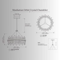 Manhattan Orbit Crystal Chandelier CAD drawing with front and top views, dimensions and adjustable suspension.