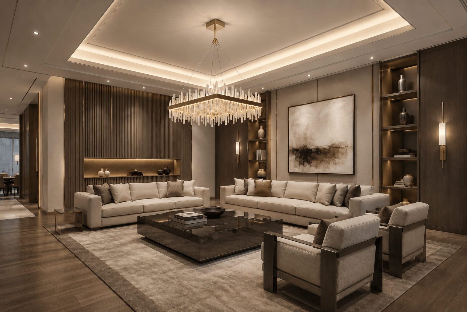 Manhattan Square Crystal Chandelier installed in a luxury Toronto living room above a modern seating area.