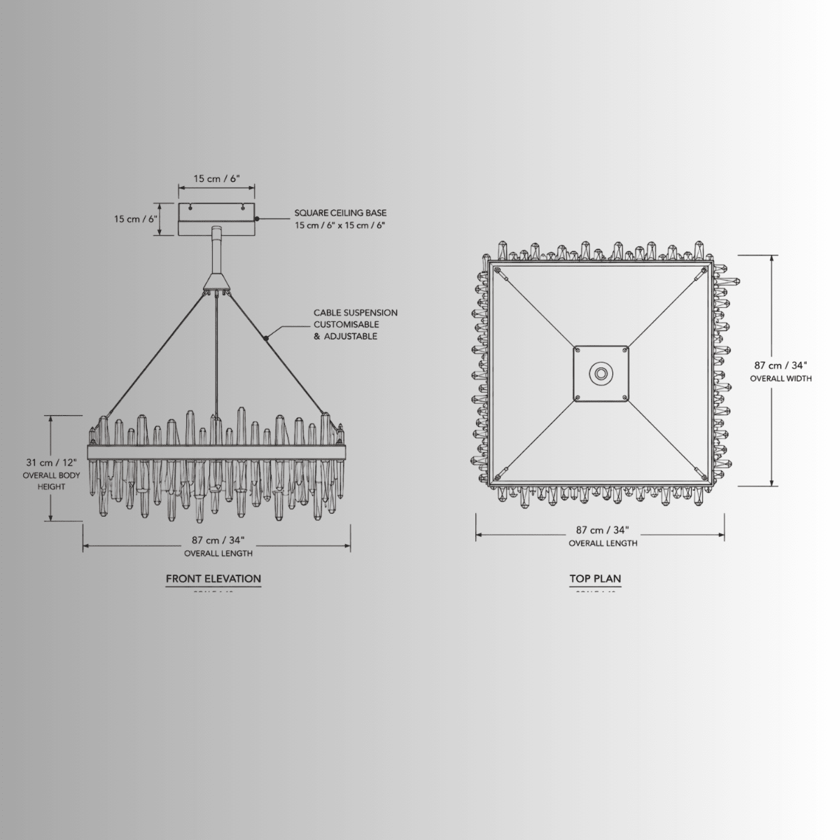 CAD drawing of Manhattan Square Crystal Chandelier with front elevation, top plan and 87 cm dimensions.